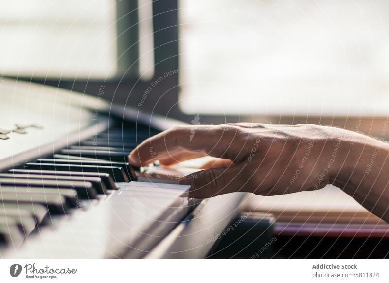 Mann spielt mit einer Hand Klavier. Musiktastatur Keyboard Kaukasier Instrument Pianist männlich Musiker Spieler Leistung spielen Kunst schwarz Konzert Klassik