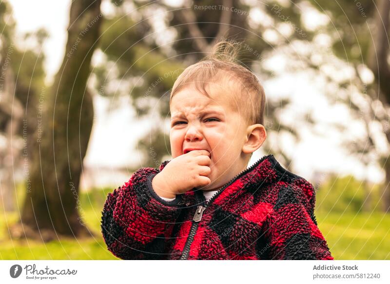 liebenswerter kleiner Junge weint im Park Kind Baby bezaubernd Kindheit niedlich wenig Menschen Porträt Gesicht weinen jung Kleinkind Kaukasier Ausdruck