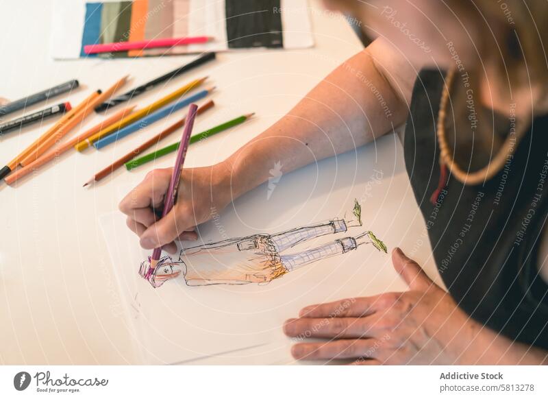 Modedesigner, der eine Modeskizze mit bunten Bleistiften zeichnet 50s oben Bekleidung Selbstvertrauen selbstbewusst Kreativität Design Designer Schreibtisch