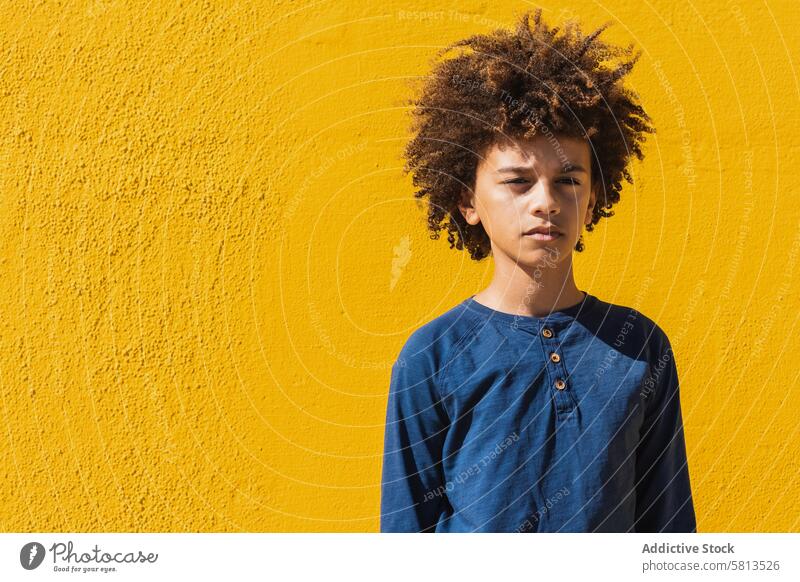 Nachdenklicher ethnischer Junge mit Afrofrisur Kind Afro-Look krause Haare besinnlich nachdenklich Teenager Frisur Denken Porträt farbenfroh Behaarung männlich