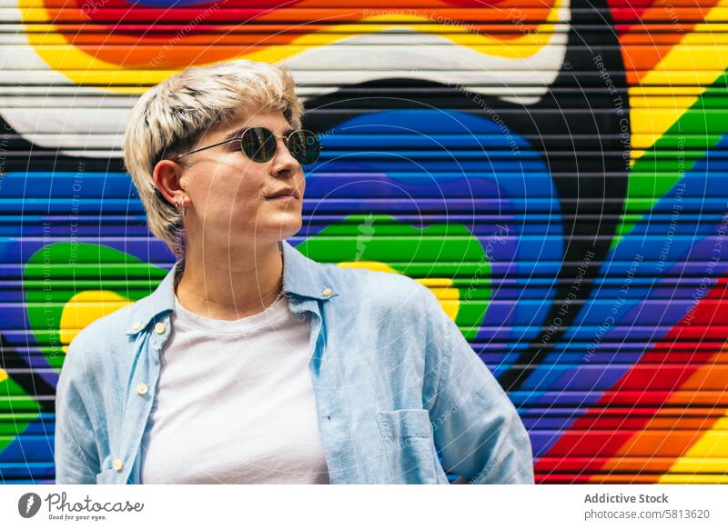stilvolles junges Mädchen Porträt auf einem Hintergrund mit lgtb Farben lgbt Frau Regenbogen lesbisch farbenfroh Homosexualität Vektor schwul lgbtq Person
