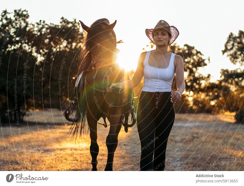 Junge Frau mit Hut geht mit ihrem Pferd in der Landschaft bei Sonnenuntergang spazieren Natur jung Tier Ranch Cowgirl Cowboy Person pferdeähnlich Reiten schön