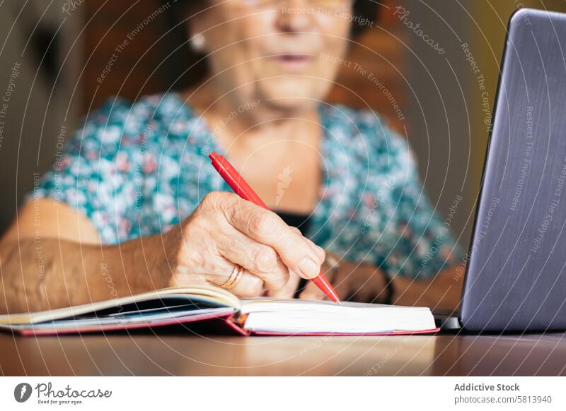 Alte Frau, die zu Hause einen Laptop und ein Notizbuch benutzt Senior Technik & Technologie Computer Brille reif Glück heimwärts Internet Person Menschen Sitzen