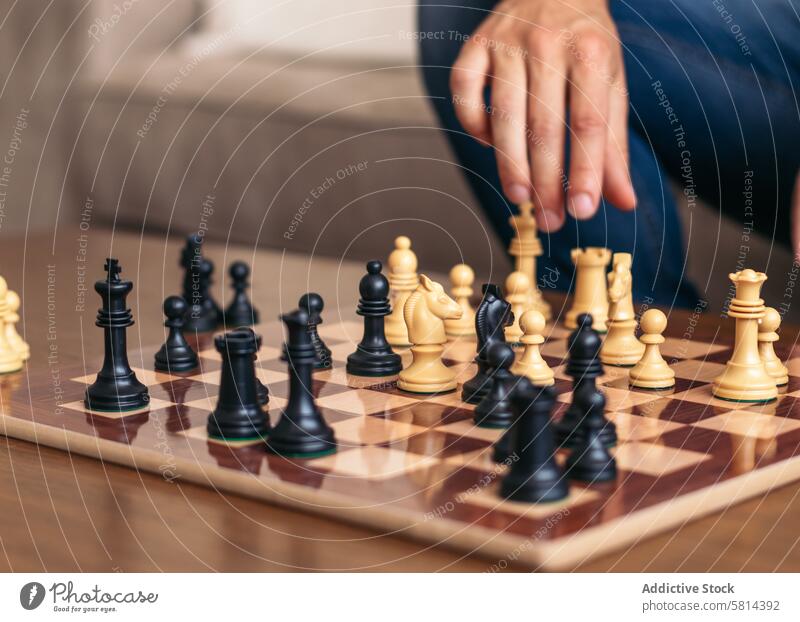 Schachspiel zu Hause. Schachbrett mit den platzierten Figuren spielen Spiel Spaß Holzplatte Konkurrenz heimwärts Freizeit Tisch Strategie Herausforderung