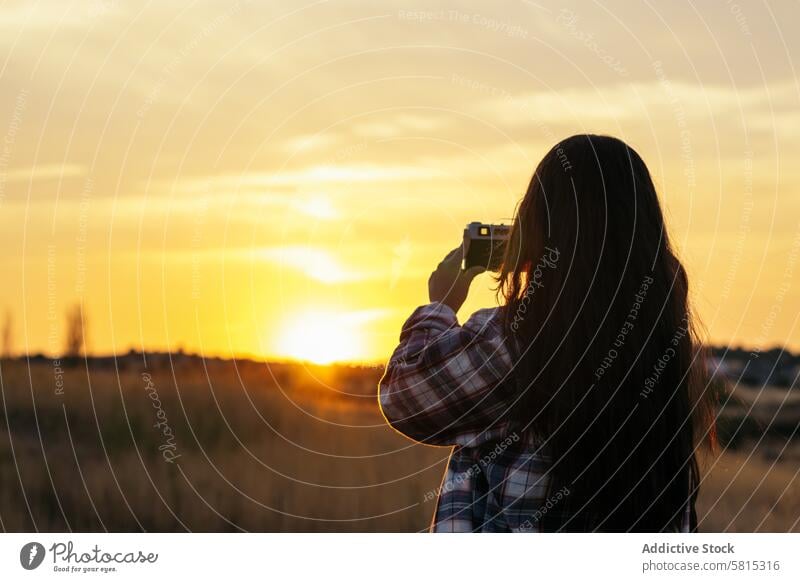Junge Frau, die mit einer analogen Kamera im Feld bei Sonnenuntergang fotografiert Foto Lifestyle jung Mädchen Fotografie altehrwürdig Fotokamera retro reisen