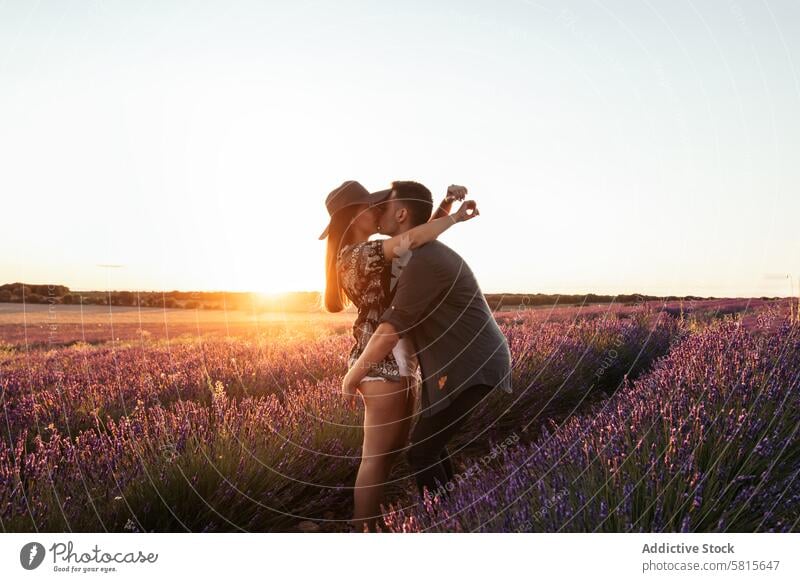 Schöne romantische Foto eines Paares in einem Feld von Blumen bei Sonnenuntergang Lavendel Liebe Frau Sommer purpur Glück Zusammensein schön jung Natur Mann