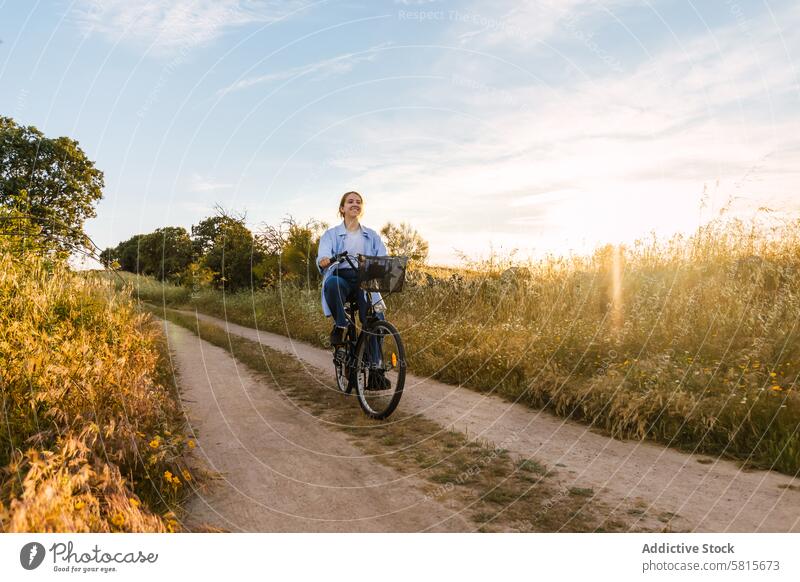 Schönheit junge blonde Frau Radfahren in einem Feld bei Sonnenuntergang Fahrrad Glück Porträt reisen Landschaft Natur Ausflug schön Urlaub Fahrradfahren Mode