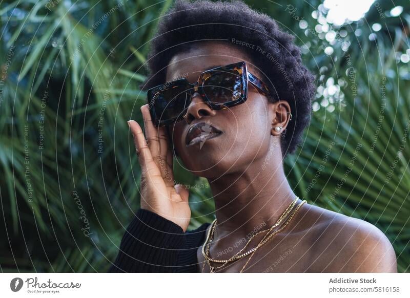 Selbstbewusste schwarze Frau mit Sonnenbrille vor grüner Kulisse ernst Stil cool elegant Accessoire selbstbewusst Afro-Look Menschliches Gesicht Frisur trendy