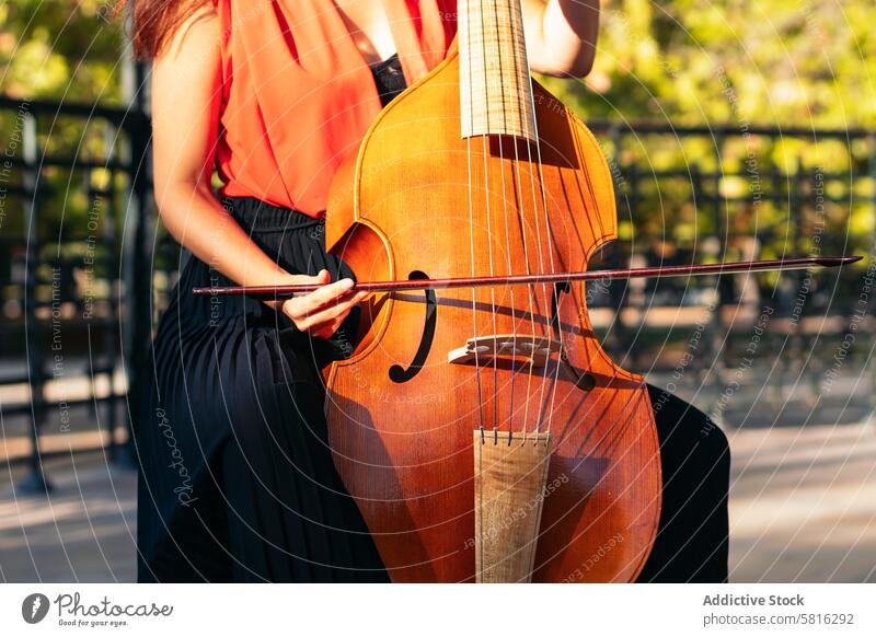 Ausgeschnittene Aufnahme einer nicht erkennbaren Frau, die im Freien Cello spielt Musiker Instrument Konzert Leistung Künstler Musical spielen Klassik Geige