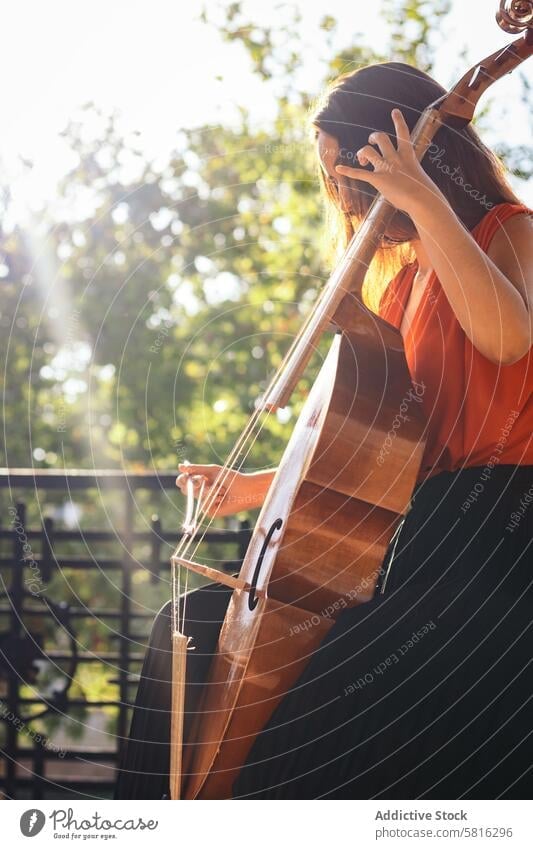 Eine junge Frau spielt auf einer Freilichtbühne Cello Musiker Instrument Konzert Leistung Künstler Musical spielen im Freien Klassik Geige Geiger Entertainment
