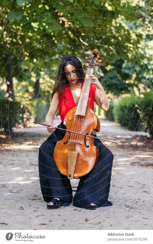Frau spielt Cello in einem Park. Musiker Instrument Konzert Leistung Künstler Musical spielen im Freien Klassik Entertainment Orchester Melodie Symphonie Klang