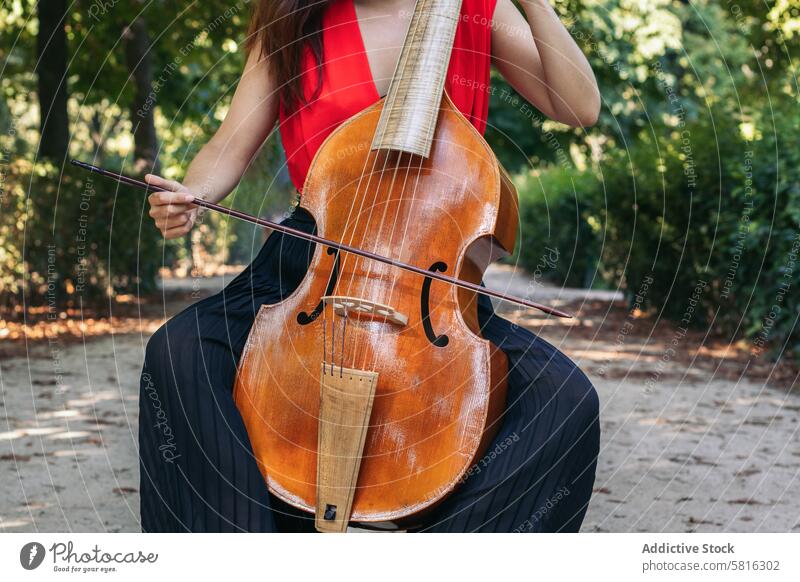 Frau spielt Cello in einem Park. Musiker Instrument Konzert Leistung Künstler Musical spielen im Freien Klassik Entertainment Orchester Melodie Symphonie Klang