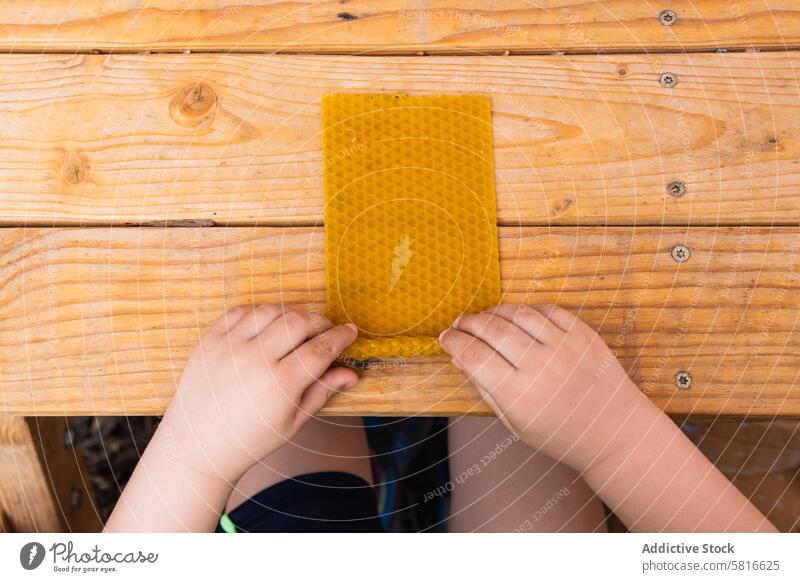 Ein Kind stellt am Tisch eine Kerze aus Bienenwachs her Wachs rollen handgefertigt kreieren Basteln cre