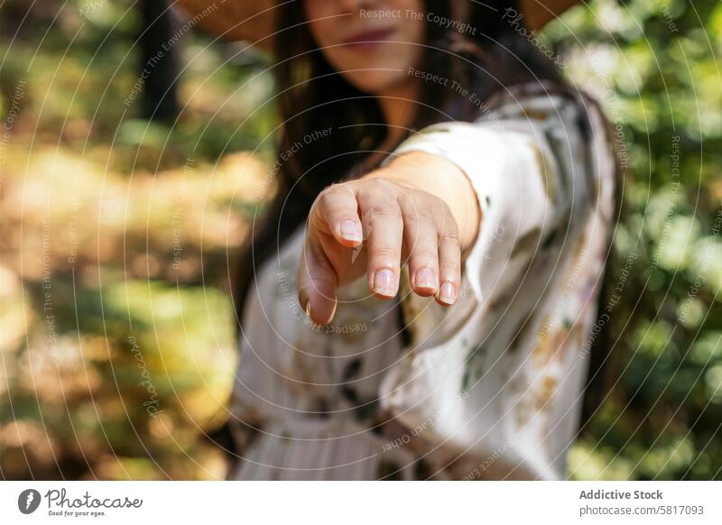 Hand einer Frau, die in Richtung der Kamera greift Wald jung Natur Park Lifestyle Spaziergang Freizeit im Freien sonnig Baum Kaukasier Feiertag Fröhlichkeit