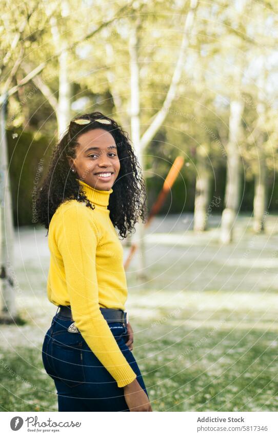 schwarzes Mädchen Porträt lächelnd in einem Park Afrikanisch Glück niedlich schön im Freien jung Freude hübsch Afro-Look Menschen Lächeln Person Gras grün