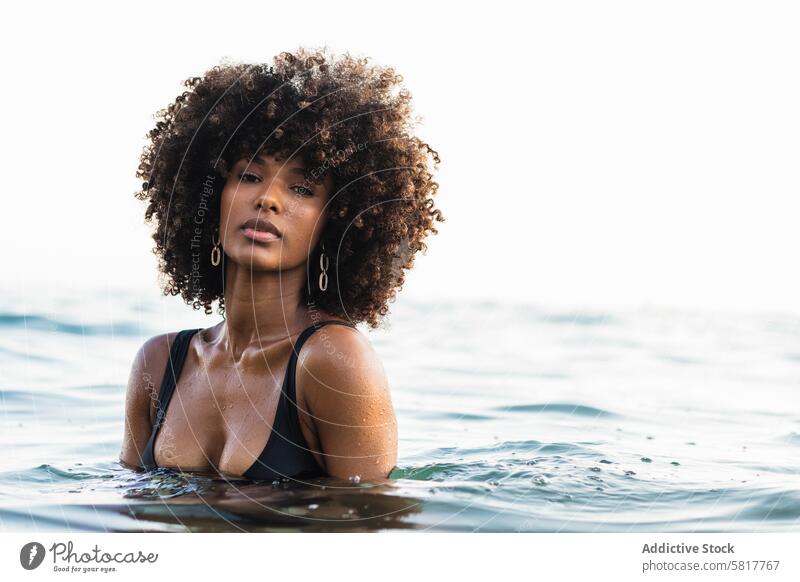 Schwarze Frau im Bikini im Meer MEER Wasser Afro-Look Frisur Vorschein charmant Windstille Sommer ethnisch schwarz Afroamerikaner Badebekleidung Feiertag ruhig