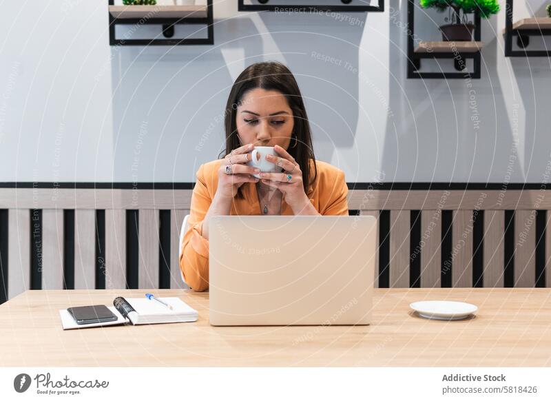 Frau arbeitet in einem Café und trinkt Kaffee Arbeit freiberuflich Laptop trinken Business Projekt Fokus benutzend Gerät Getränk Surfen Apparatur Computer ernst