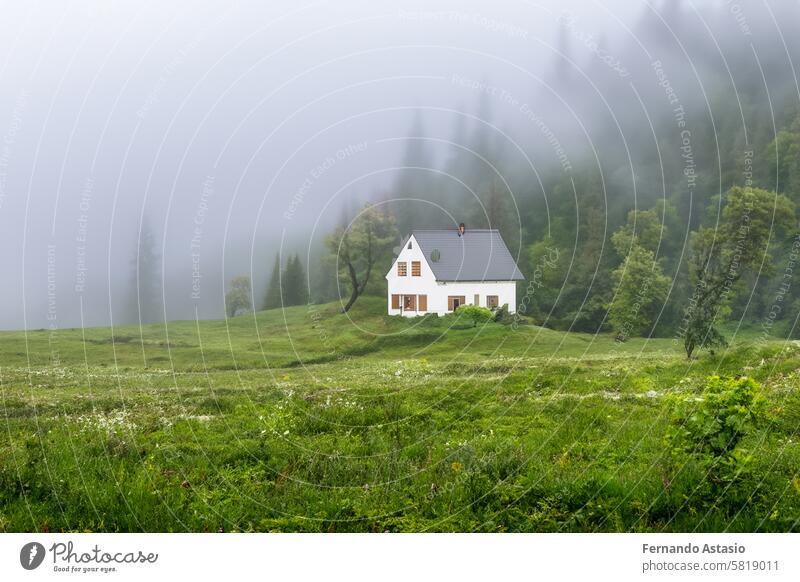 Einsames Haus in den Bergen, schönes typisch nordeuropäisches Haus in einer üppigen, grünen Landschaft mit Nebel. Schöne Sommerlandschaft mit grünen Wiesen und Haus in den Bergen.