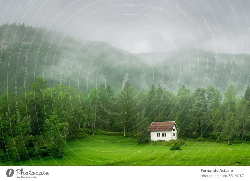 Einsames Haus in den Bergen, schönes typisch nordeuropäisches Haus in einer üppigen, grünen Landschaft mit Nebel. Schöne Sommerlandschaft mit grünen Wiesen und Haus in den Bergen.