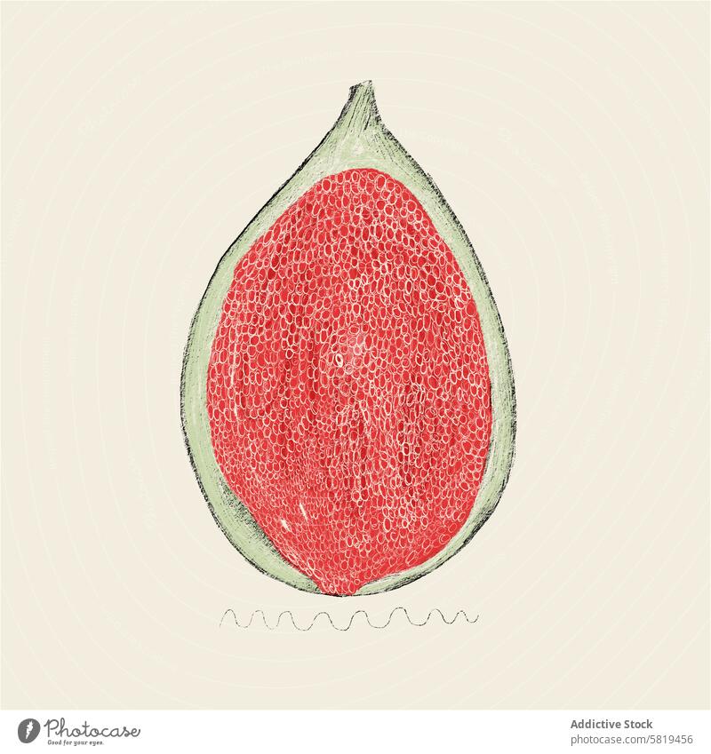 Detaillierte Darstellung des Querschnitts einer Feige Grafik u. Illustration Frucht handgezeichnet reif Samen Textur rot Fleisch pulsierend detailliert
