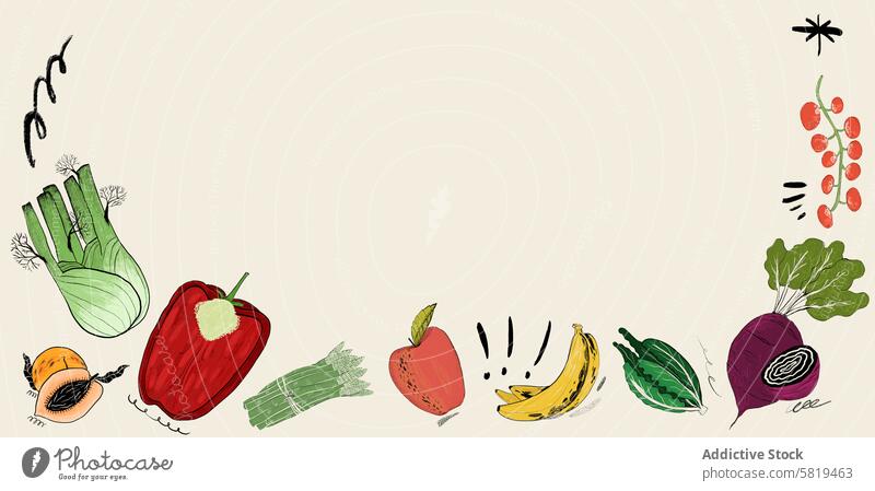 Buntes Obst- und Gemüsesortiment Grafik u. Illustration handgezeichnet Frucht Fenchel Paprika Eichelkürbis Porree Apfel Banane Kirschtomate Rübe farbenfroh