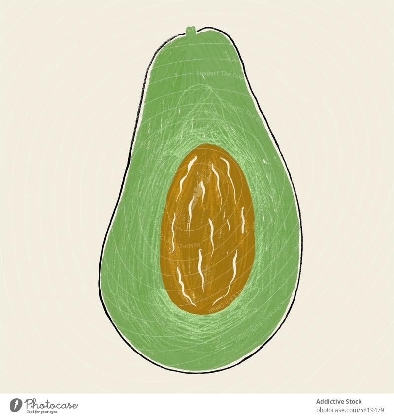 Avocadohälfte mit einer Kernabbildung Grafik u. Illustration handgezeichnet Samen Frucht Fleisch Hälfte cremig beiger Hintergrund Lebensmittel Gesundheit