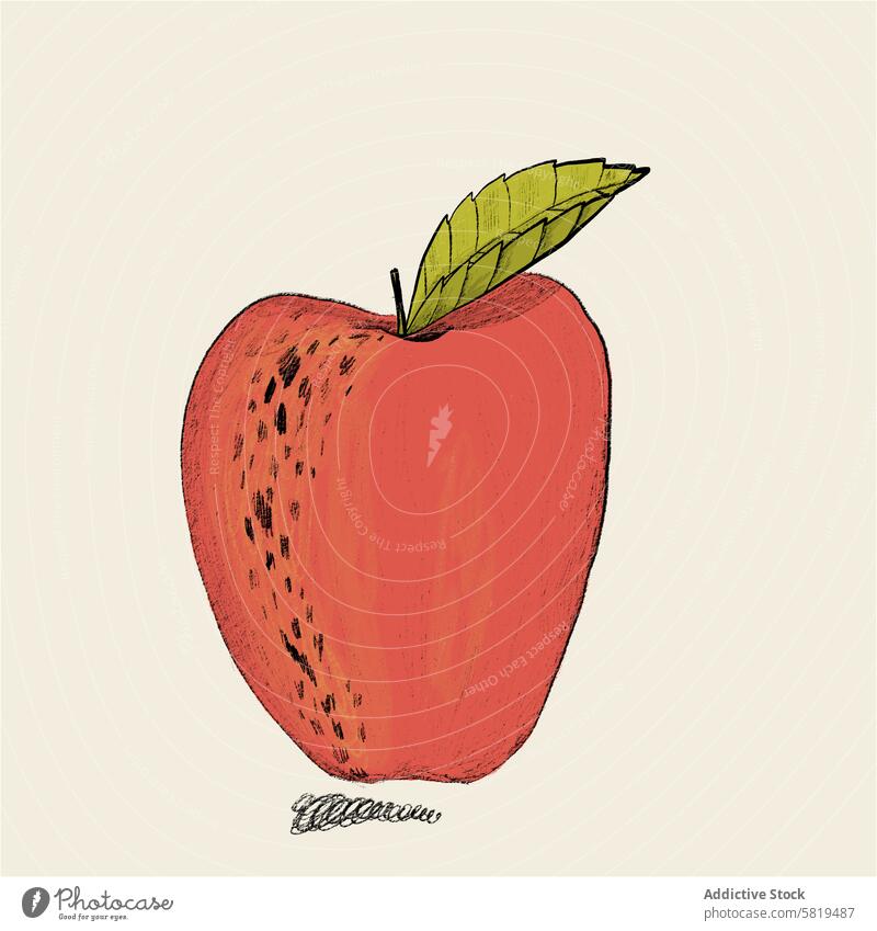 Illustration eines roten Apfels mit strukturierten Details Grafik u. Illustration Frucht handgezeichnet texturiert pulsierend Blatt grün organisch Gesundheit