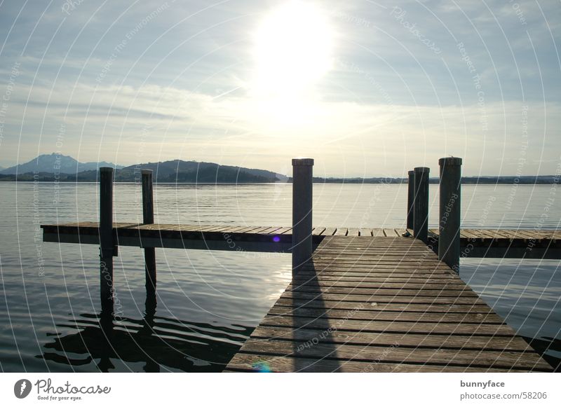 die stille am see See Zugersee Aussicht ruhig genießen Steg Romantik träumen Hoffnung Wunsch Einsamkeit Pause Sonnenuntergang Abenddämmerung Wasser blau Blick