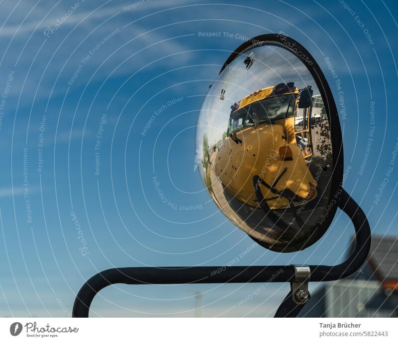 Alter amerikanischer Schulbus bewundert sich in seinem Rückspiegel gelb Spiegelung Bus Reflexion & Spiegelung Verkehr Verkehrsmittel alt Spiegelbild