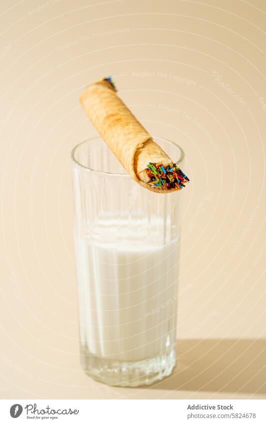 Waffelbrötchen mit Streuseln an ein Glas Milch gelehnt rollen melken beige Hintergrund frisch vorbereitet farbenfroh Ausgewogenheit Snack süß Dessert