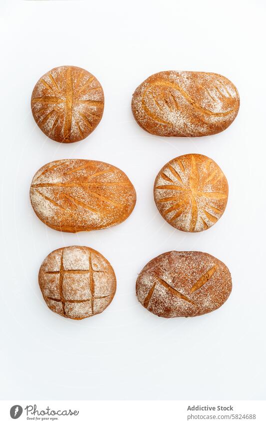 Verschiedenes Sauerteigbrot auf weißem Hintergrund Brot Kunstgewerbler Bäckerei selbstgemacht frisch gebacken Kruste Brotlaib Weizen Mehl Wasser Salz Muster