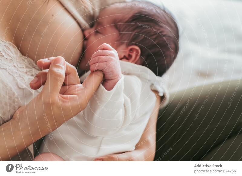 Zärtlicher Moment zwischen Mutter und neugeborenem Baby Stillen itim binden Eltern Kind Säugling Pflege Liebe mütterlich Nahaufnahme füttern Laktation