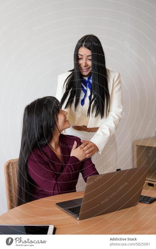 Zwei berufstätige Frauen, die im Home Office zusammenarbeiten professionell Heimarbeitsplatz Zusammenarbeit Geschäftskleidung Laptop Besprechung Teamwork