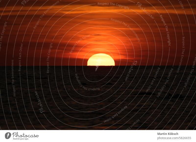Sonnenuntergang am Horizont der Ostsee. Die orangefarbene Sonne versinkt im Wasser. Romantisch Sonnenstrahlen Sonnenschein Reflexion & Spiegelung wellig Küste