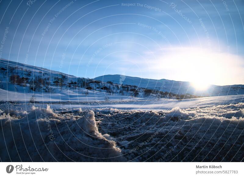 Eiskristalle in einer schneebedeckten Landschaft im norwegischen Hochgebirge Winter Winterlandschaft Schnee kalt Baum Frost weiß Zauberei u. Magie Straße Licht