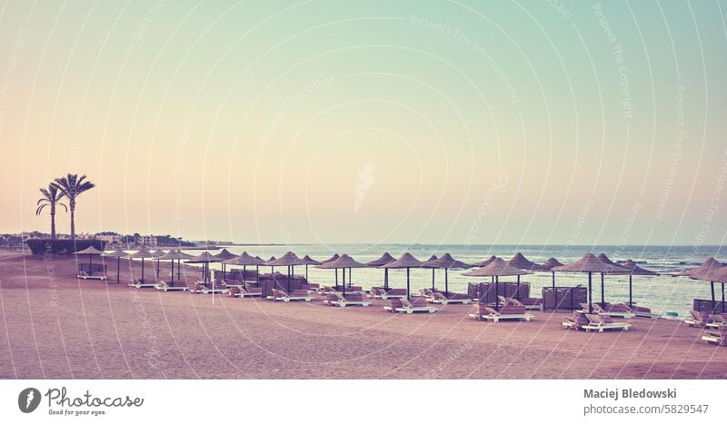 Ein ruhiger Strand mit Liegestühlen und Sonnenschirmen bei Sonnenuntergang, farblich getönt, Ägypten. friedlich sich[Akk] entspannen Urlaub Resort retro