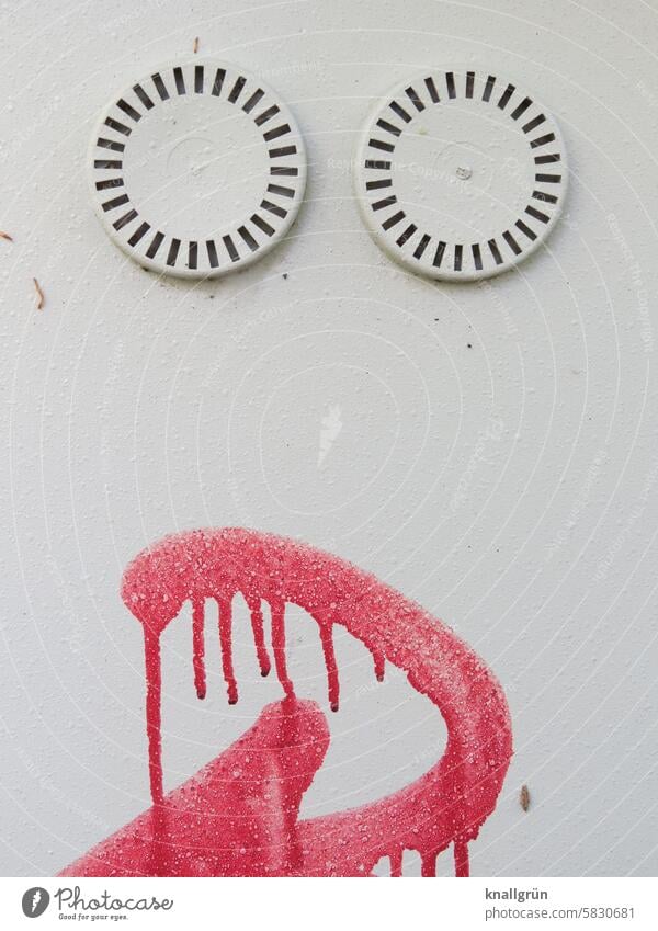 Zunge rausstrecken Gesicht abstrakt Graffiti Kunst Muster Gesichtsausdruck Augen rund Lüftungsschlitze frech Grimasse lustig witzig Mund zunge zeigen rot weiß