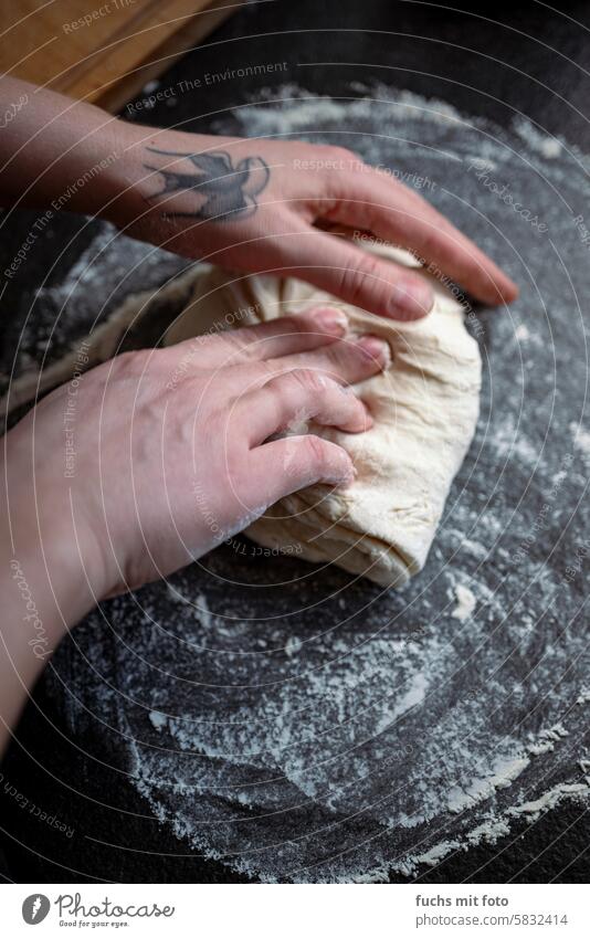 Tätowierte Hande kneten einen Teig. Pizzateig tattoo Frauenhände schwalbe diy mehl pizza Lebensmittel Mehl Farbfoto backen Bäckerei Koch Zutaten Teigwaren