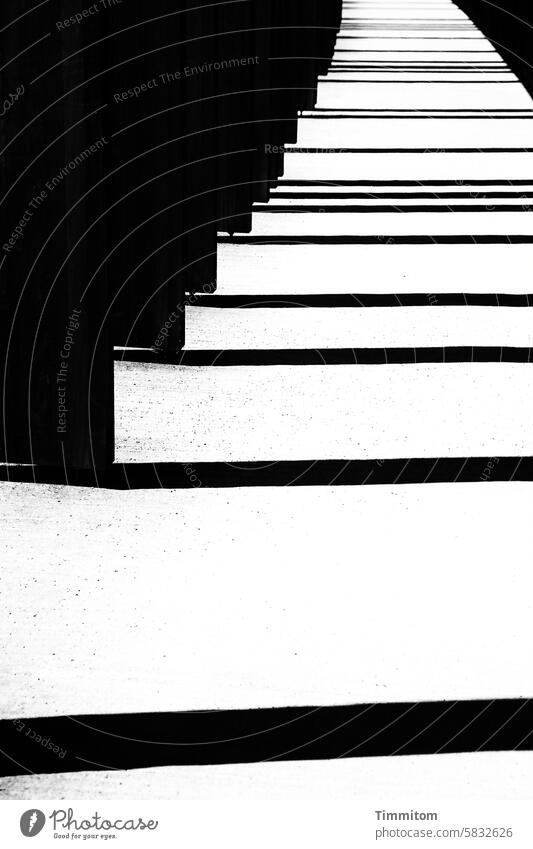 Raum für Fantasie Schwarzweißfoto schwarz Kontrast Trennwände Holz Schatten Beton Weg Wandelgang Gestaltung Design Architektur Licht Menschenleer Dänemark