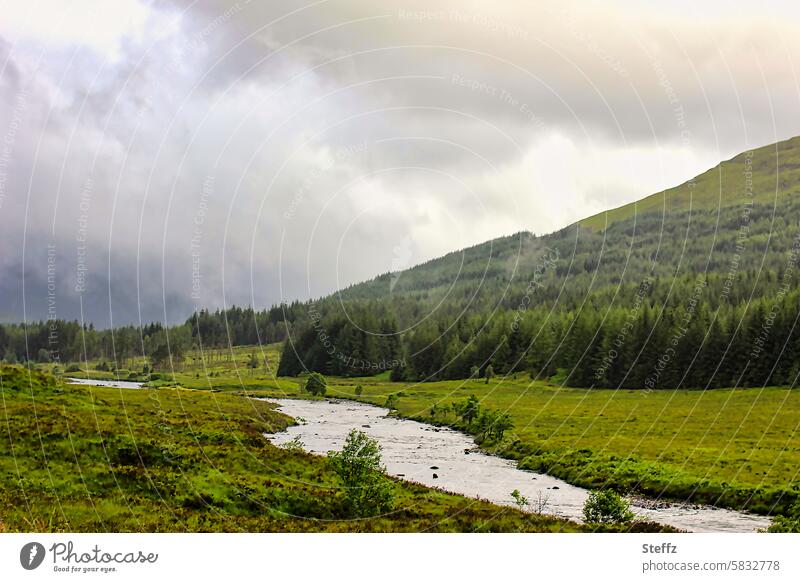 ein Bächlein mitten im Grünen Flüsschen Wasser Bach grüne Wiese grüne Landschaft hügelig schottisch Schottland schottische Landschaft ruhig Sommer Ruhe Hügel