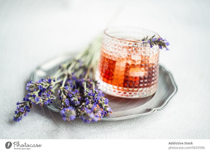 Eleganter Cognac-Cocktail, verziert mit frischem Lavendel Getränk trinken Alkohol Reichtum Glas Zweig Garnierung Tablett Silber texturiert anspruchsvoll