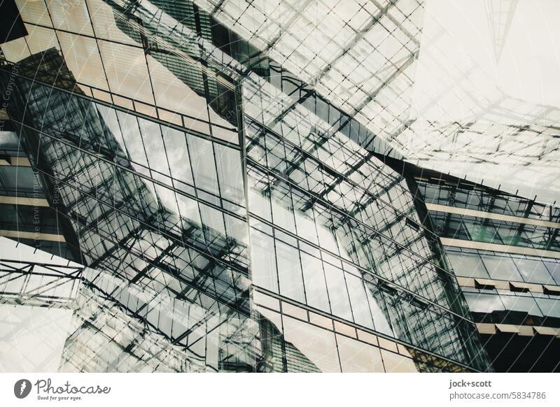 Architektur im Zweiklang Moderne Architektur abstrakt Fassade Strukturen & Formen Design Linie Silhouette eckig Stil Architekturfotografie Glasfassade