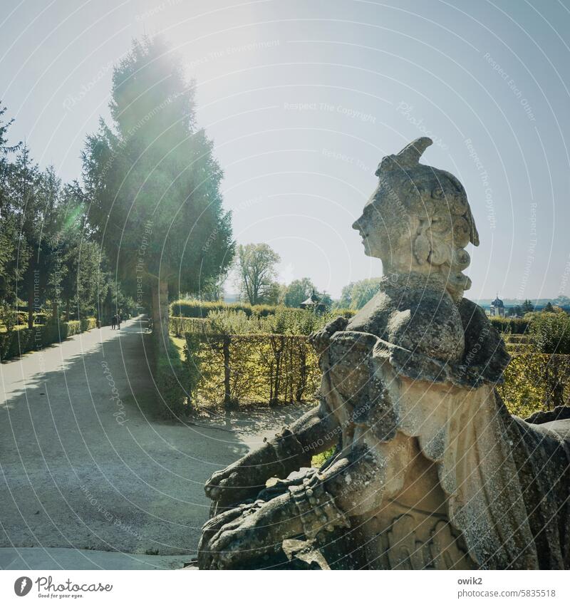 Gut gelaunt Schlosspark Barockgarten Park Idylle Kunst Statue Skulptur Sphinx Mythologie Fabelwesen Historie Stein geflügelter Mensch Farbfoto Außenaufnahme