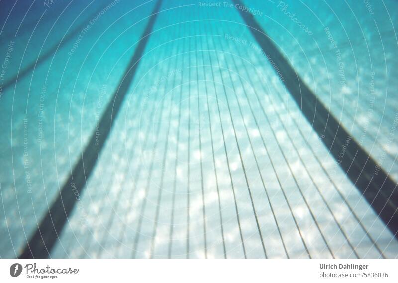 unscharfen boden eines Schwimmbeckens mit Bahnmarkierung in hellblauem Ton Wasser Schwimmbad Sommer nass Schwimmen und Baden Erfrischung Wassersport Pool