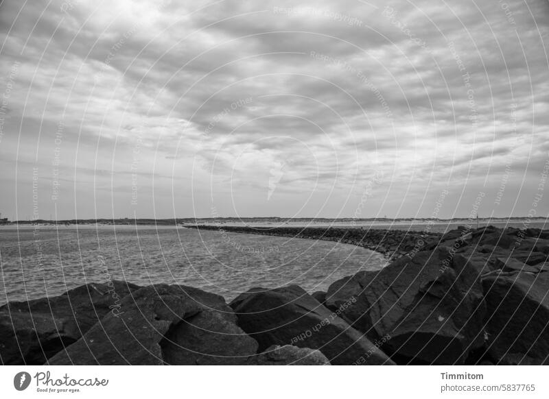Nordseehimmel mit Mole Steine Befestigung Schutz Wasser Meer Himmel Wolken Wetter Dänemark Küste Menschenleer Ferien & Urlaub & Reisen Schwarzweißfoto