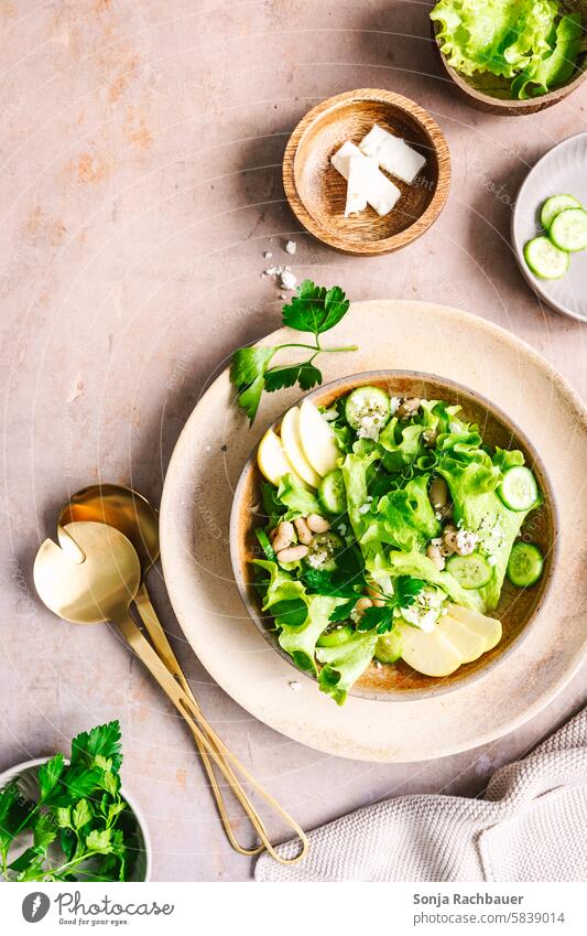 Grüner Sommer Salat mit Fetakäse in einer Schüssel. Draufsicht. grün Gemüse Lebensmittel Salatbeilage Vegetarische Ernährung Gesundheit frisch Bioprodukte Diät