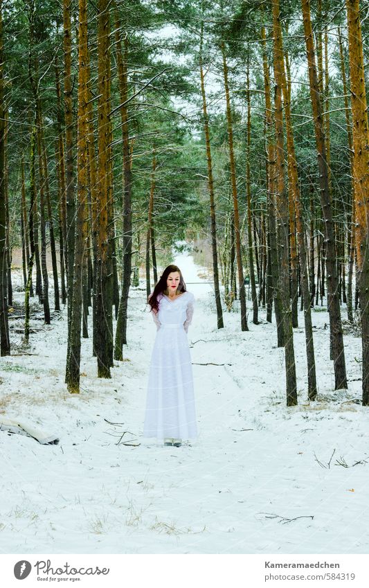 Winterkind Schnee feminin Frau Erwachsene 1 Mensch Natur Wald Kleid langhaarig stehen warten dünn weiß Gefühle Stimmung kalt träumen Traurigkeit Farbfoto