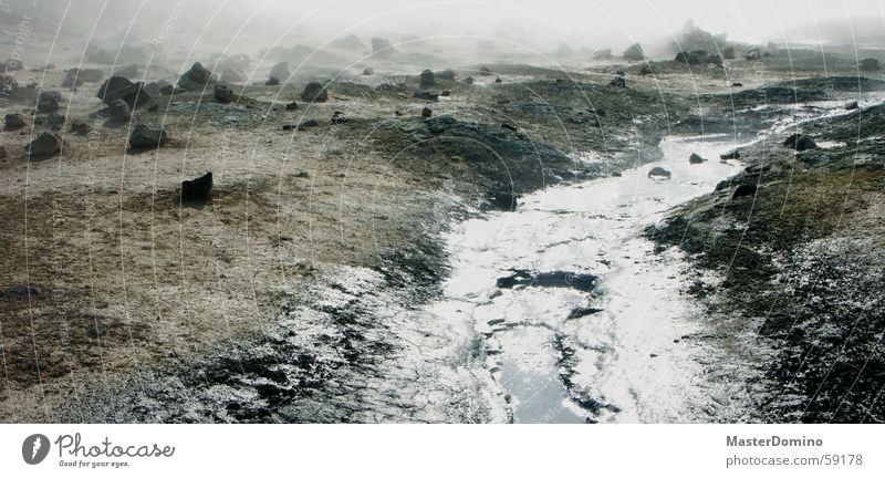 wasser auf dem mond Geröll Bach Nebel Ödland Mondlandschaft Unbewohnbar Außenaufnahme Mývatn Island Solfatarenfeld Stein Landschaft Wasser Wasserdampf Felsen