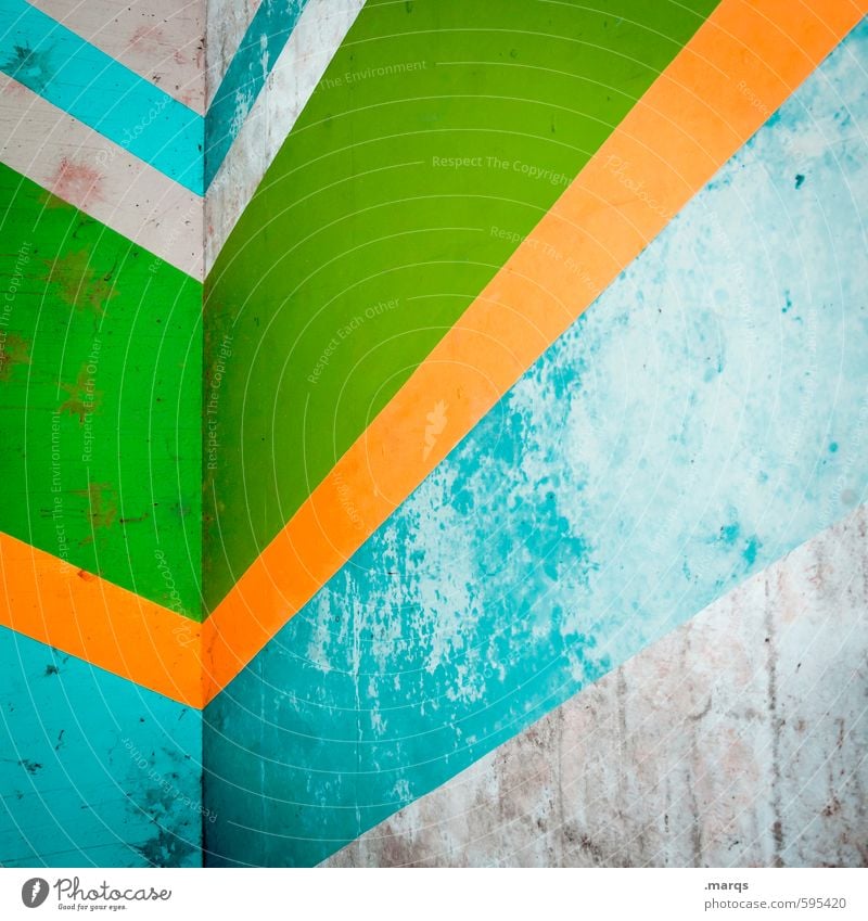 Trend elegant Stil Design Mauer Wand Linie Streifen alt eckig einfach trendy retro grau grün orange türkis Farbe Verfall Hintergrundbild Farbfoto Außenaufnahme