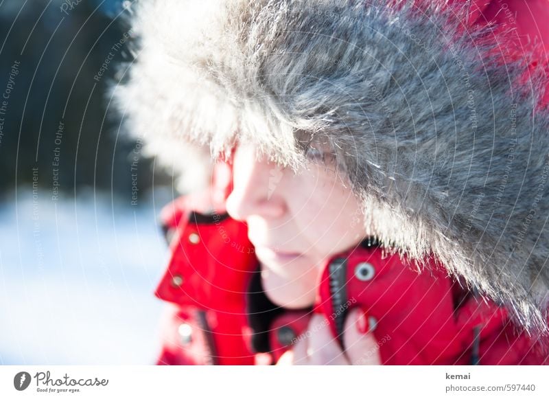 Rot Lifestyle Stil Ausflug Mensch feminin Frau Erwachsene Leben Kopf Nase Finger 1 30-45 Jahre Sonnenlicht Winter Eis Frost Jacke Kapuze Fellkragen kalt